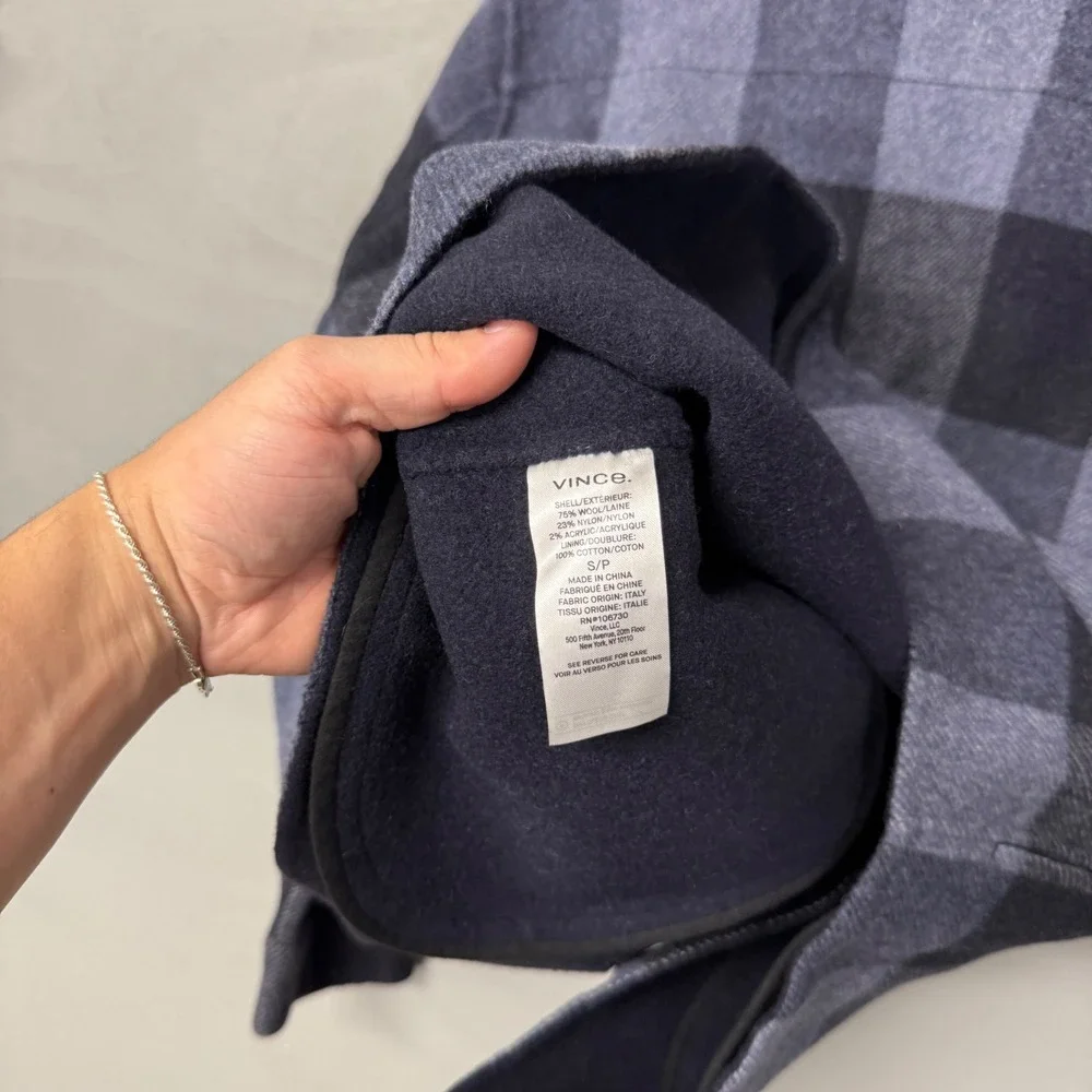 Vince Splittable Shirt Jacket Navy Grey Buffalo Plaid Wool Blend Italian Small